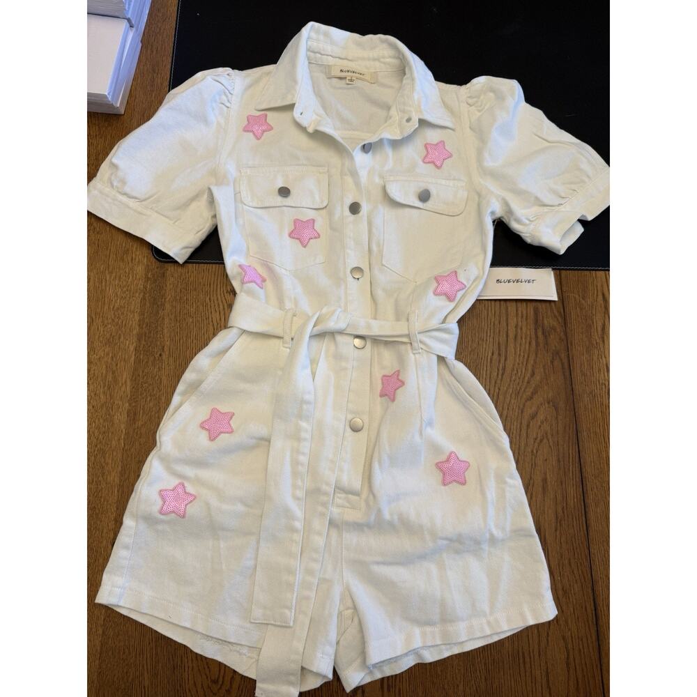BLUE VELVET White Pink Star Romper Women S Collared Short Puff Sleeve Belted